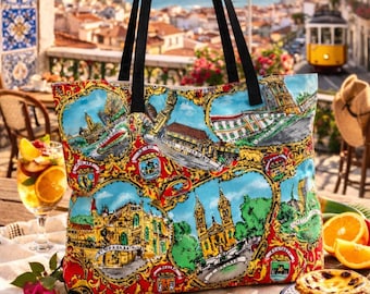Portuguese Vintage Scarf Tote Bag, Europe Travel Shopping Bag