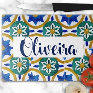 Portugal Blue Azulejo Glass Cutting Board, Kitchen Decor, Bridal Gift, Spanish Mediterranean Tiles, Housewarming Gift, Decorative tray