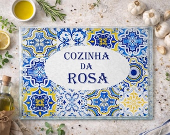 Personalized Glass cutting board, Portugal Serving Tray, Portuguese Azulejos, Custom Tile cutting board, Housewarming gift, Kitchen decor