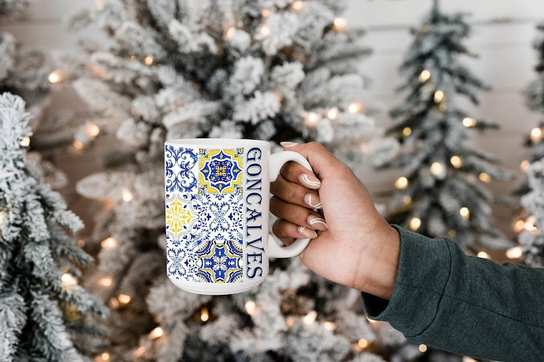 Taza de azulejos portugueses, taza personalizada, taza de Portugal personalizada, regalos de Portugal, taza portuguesa, orgullo portugués, taza de azulejos azules con nombre imagen 1