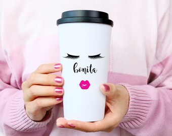 Bonita Stainless Steel Travel Mug, Eyelashes and Lips, Portuguese Gift