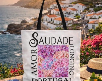 Portuguese Saudade Tote Bag, Pink Hydrangea Reusable Shopping Bag