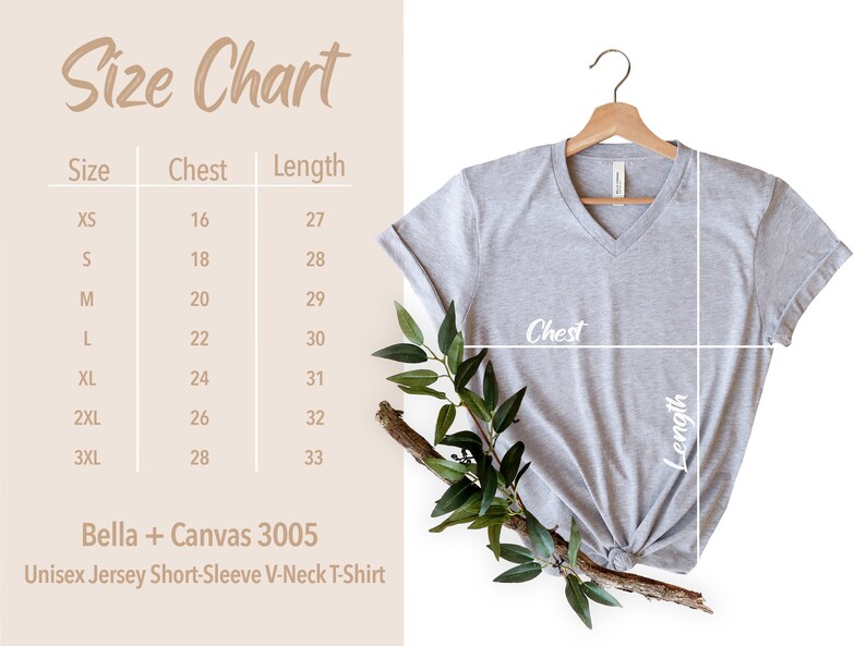 May include: Size chart for a Bella + Canvas 3005 Unisex Jersey Short-Sleeve V-Neck T-Shirt. The chart shows the chest and length measurements in inches for sizes XS to 3XL.