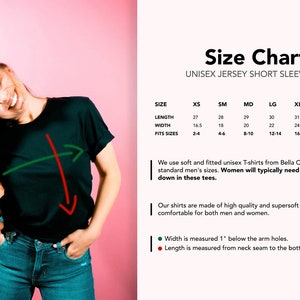 May include: Size chart for a unisex short sleeve jersey tee. The chart shows the length, width, and corresponding US men's sizes for XS, SM, MD, LG, XL, 2XL, and 3XL. The chart also includes a note that women may need to order one size down.