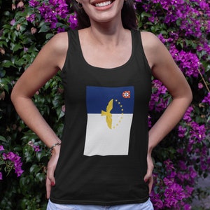 May include: A black tank top with a white and blue flag design featuring a yellow bird and stars. The flag is the flag of the Azores, a Portuguese archipelago.