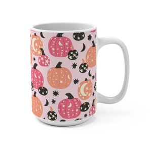Pink pumpkin mug, Fall mug, Halloween coffee cup, Halloween lover, Spooky season mug, Witchy moon mug, Celestial witch mug, Black pumpkins image 3