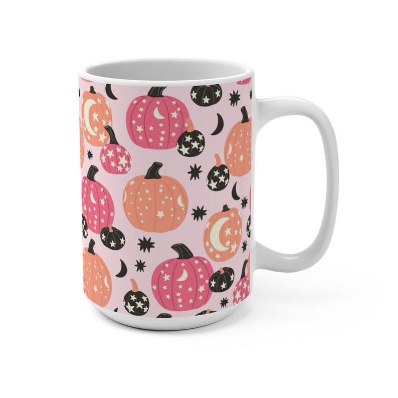 Pink pumpkin mug, Fall mug, Halloween coffee cup, Halloween lover, Spooky season mug, Witchy moon mug, Celestial witch mug, Black pumpkins image 3