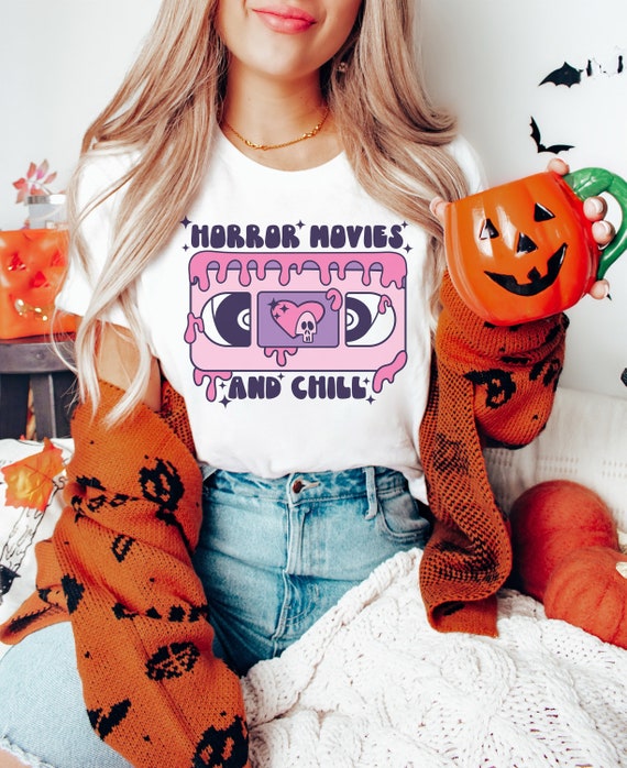 Horror movies and chill tshirt, Halloween tshirt, Pink Halloween shirt,Girly Halloween, Retro Groovy shirt, Scary movie tee, Spooky shirt