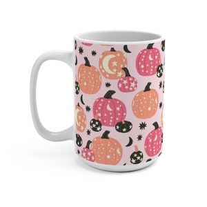 Pink pumpkin mug, Fall mug, Halloween coffee cup, Halloween lover, Spooky season mug, Witchy moon mug, Celestial witch mug, Black pumpkins image 5