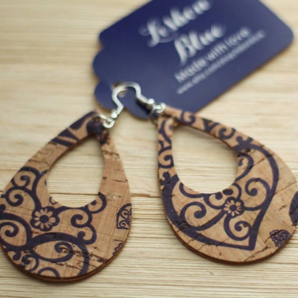 Portuguese Cork Leather Earrings, Cutout Teardrop earrings, Portugal Gifts, Boho Faux Leather, Blue Heart Viana pattern, Lightweight earring