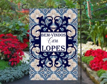 Personalized Garden Welcome flag, Portuguese Garden Home Flag, Azueljo tiles, Mediterranean decor, Outdoor home decor, Custom porch flag