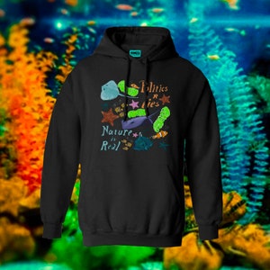May include: Black hooded sweatshirt with a graphic print of colourful sea creatures and the text "Politics R Lies" and "Nature is Real".