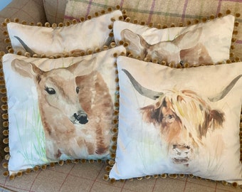 Highland Cow & Deer Pom Pom Cushion Covers