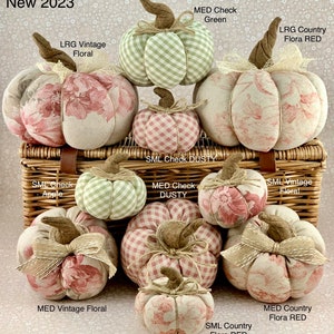 May include: A collection of ten fabric pumpkins in various sizes and patterns, including floral, plaid and gingham. The pumpkins are arranged in a pyramid shape on a wicker basket. The pumpkins are labelled with their size, pattern and colour.
