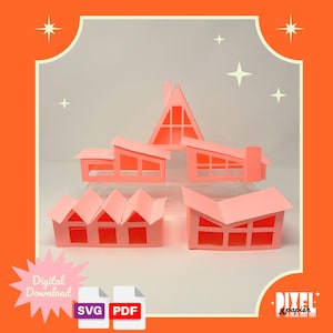 Archivos SVG y PDF de pueblo navideño retro de mediados de siglo: manualidades de papel 3D para cortar a máquina y manualmente / descarga instantánea