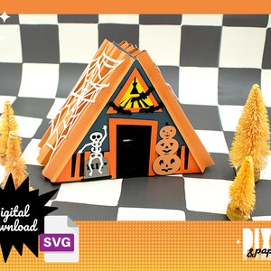 DIY Midcentury Halloween Palm Springs A-Rahmen Papierhaus mit digitalem Sofort-Download|3D SVG|Schneidedateien|Glitzer Weihnachtsdorf