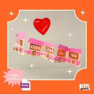 Tarjeta de tren para el día de San Valentín divertida DIY Archivo de corte SVG / Kitsch de inspiración retro / Papercraft SVG 3D / Descarga instantánea / Archivo de máquina de corte