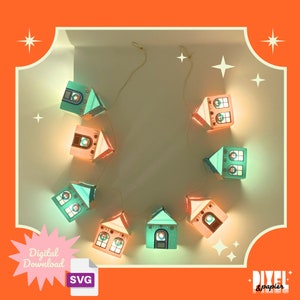 DIY Papier Weihnachtsdorf Girlande SVG Schnitt Datei | Retro-inspiriert, Kitsch | 3D SVG Sofortdownload für Schneidemaschinen