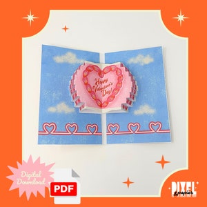 Tarjeta desplegable para el Día de San Valentín con inspiración retro y estilo kitsch para imprimir y hacer tú mismo / Descarga digital instantánea / Plantilla PDF para realizar manualidades caseras fácilmente