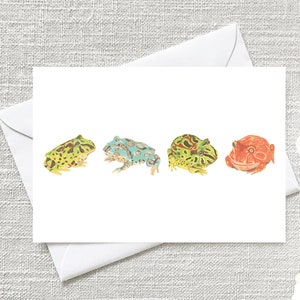 pac man rana 5x7 "biglietto di auguri con busta bianca - design a guazzo dipinto a mano - carta rana colorata vuota