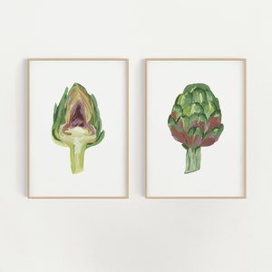 artichoke watercolor gouache printable wall art - digital download - artichoke half and whole - set of 2 - two piece