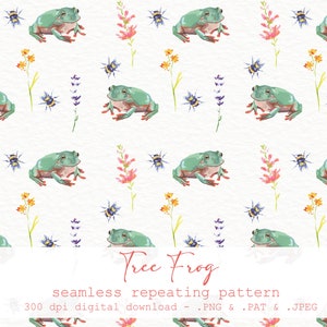Grenouille + Floral + Abeille Miel Motif sans couture - Dessin peint à la main - Aquarelle Jardin de grenouille - Papier numérique. JPEG - .PNG + . PAT - transparent