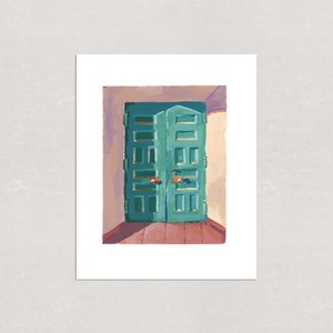 Pintura original - Puerta verde azulado - Gouache sobre papel prensado en caliente - 8x10 pulgadas