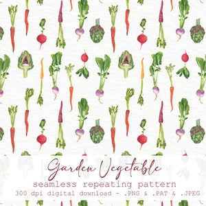 Garten Gemüse nahtloses Muster - Handgemaltes Design - Aquarell Gouache Gemüse - digitales Papier. JPEG - .PNG + . PAT - Niedlich + skurril