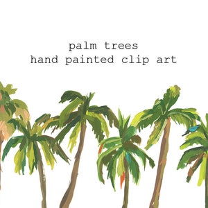 以下が含まれることがあります： 白い背景に、茶色の幹を持つ緑色のヤシの木が5本描かれた手描きのクリップアート。木の上に「palm trees hand painted clip art」という文字が書かれている。
