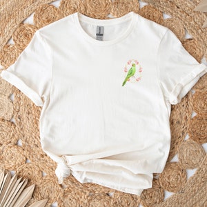 Floral Green Indian Ringneck Unisex Softstyle T-Shirt - Parrot + Flower Design Cotton Shirt