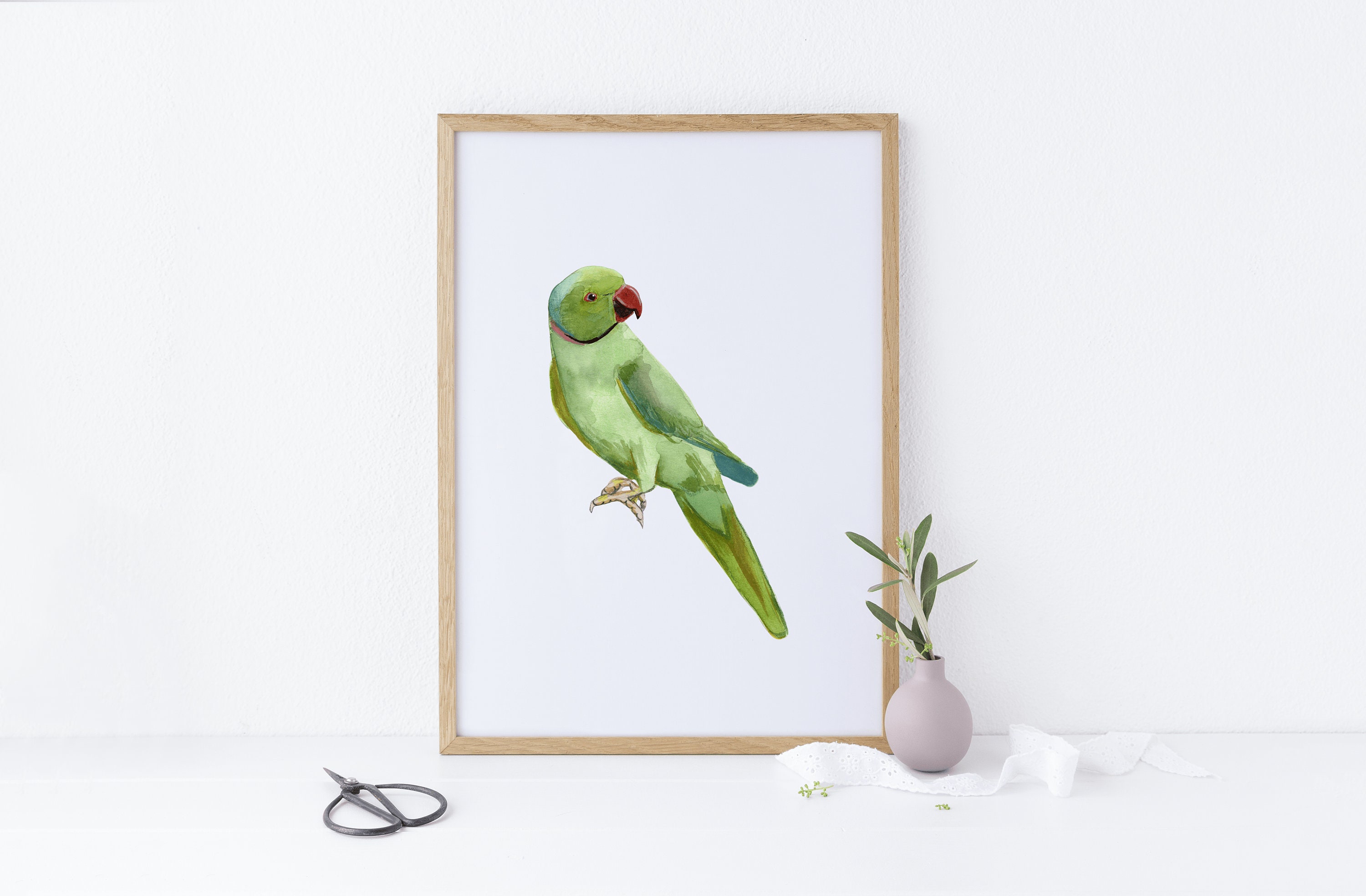 Green Indian Ringneck Parrot Watercolor Printable Wall Art - Digital ...
