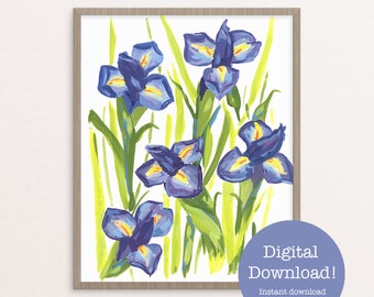 iris floral botanical watercolor gouache painting - digital download - printable wall art illustration - high quality JPEG - art print