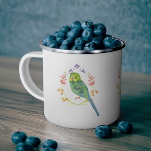Floral Goldenface Budgie Enamel Camping Mug - Yellow Faced blue green parakeet cup