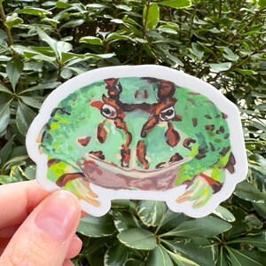 teal green pacman frog watercolor vinyl sticker 3x2&quot; - weatherproof decal - blue frog matte sticker