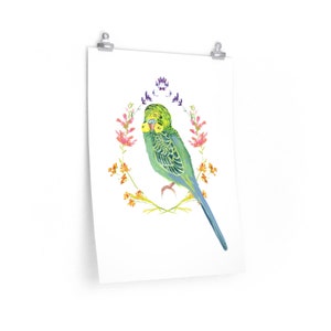Floral Budgie Print -Premium Matte Vertical Posters - Blue Green Parakeet Wall Art