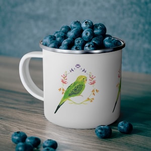 Floral Green Budgie Enamel Camping Mug - Parakeet bird cup