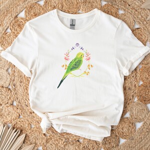 Floral Green Budgie Unisex Softstyle T-Shirt - Flower Wreath + Parakeet Design shirt