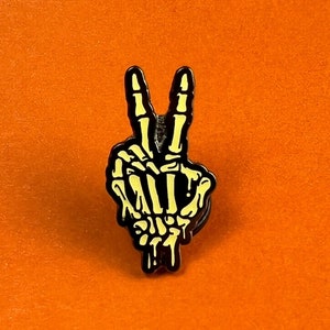 PEACE SIGN PIN - [ Trippy Pin, Peace Fingers, Bones Peace Sign, Lapel Jacket Pin Badge, Skeleton Hand Pin, Halloween Pin, Peace Symbol ]