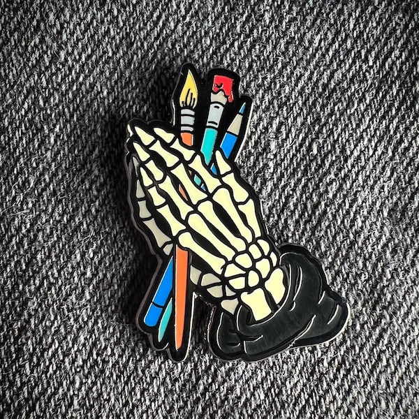 ARTIST HANDS PIN - [ Artist Praying Hands Enamel Lapel Pin, Painter, Bones, Paint Brushes, Grim Reaper, Death, Illustrator, Skeleton, Badge]