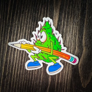 May include: A green cartoon weed character with a pencil in its hand. The character is wearing blue shoes and has a surprised expression on its face.