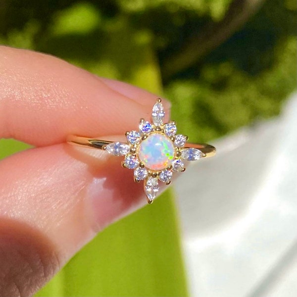 14k Gold Opal Ring - Dainty Opal Ring - Sterling Silver Opal Ring - Opal Stacking Ring - Minimalist Ring - White Opal Jewelry - Gift for Her