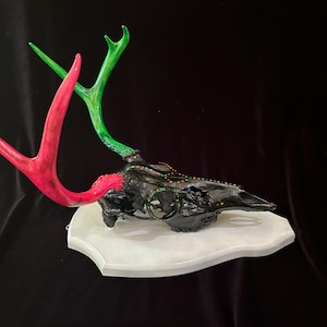 Hand-Painted Deer Skull Mount: Neon Antler Goth Wall Decor