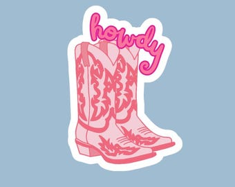 Pink Cowboy Boots Sticker | Western "Howdy" Decal for Laptop, Water Bottle