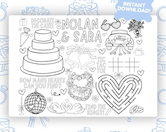May include: Black and white wedding activity sheet with illustrations of a tiered cake, wedding bells, a car with "Just Married" on it, and a heart-shaped maze. The sheet includes the names "Nolan & Sara" and the text "Instant Download!"
