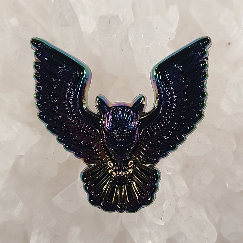 Sacred Tribal Owl Flight Psychedelic Art Trippy Bird Rainbow 3D Anodized Metal Enamel Hat Pin Animal Pin EDM Dubstep Pin Festival Pin