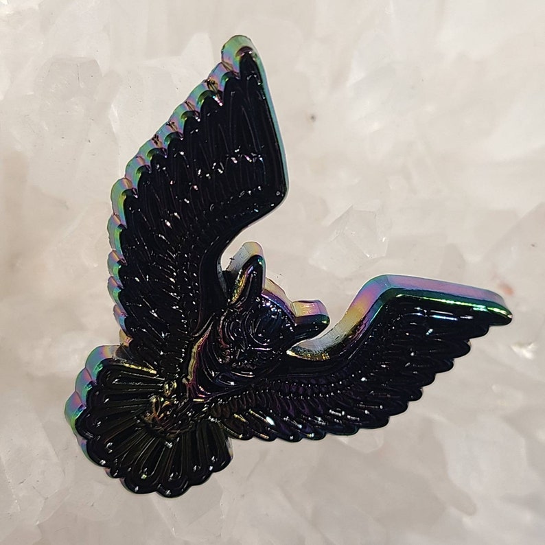 Sacred Tribal Owl Flight Psychedelic Art Trippy Bird Rainbow 3D Anodized Metal Enamel Hat Pin Animal Pin EDM Dubstep Pin Festival Pin
