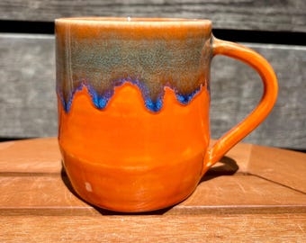 Tall Orange and Blue Ceramic Mug