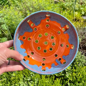 Handmade Ceramic Orange and Blue Berry Bowl/Colander