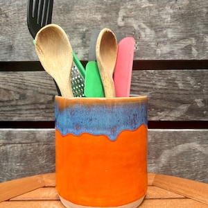 Ceramic Orange and Blue Utensil Holder