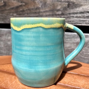 Tall Turquoise and Yellow Ceramic Mug